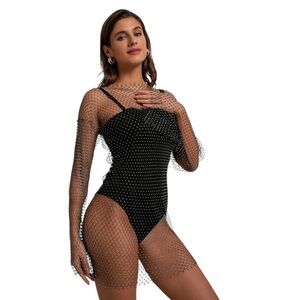 Rhinestone Mesh Fishnet Dress Black Sheer Long Sleeve Clubwear Layering Dress